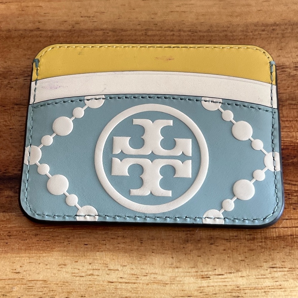 AUTH $148 Tory Burch Logo T Monogram Leather Card Case-Blue Celadon/Multi